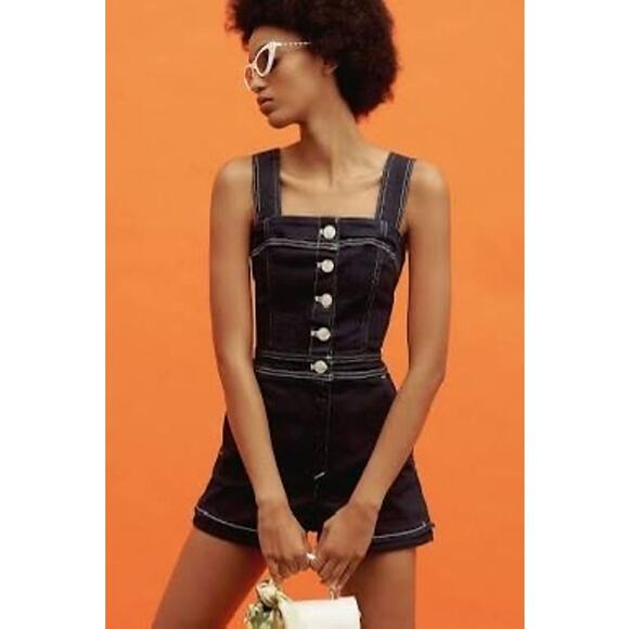 Anthropologie Maeve Denim Edition Portside Button-Front Romper Blue Size 12 NWT - Picture 13 of 16